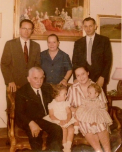 (clockwise from back row) Uncle Nikoll, my maternal grandmother, Maria Ercoli, my father Ndue, my mother Maria Teresa, me, my sister Cristina, Baba Gjon ~ Rome c.1960